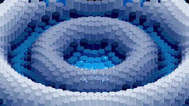Abstract digital background with a 3d hexagonal pattern forming a deep circular vortex with glowing particles in a blue color palette