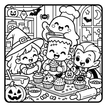 Cute Monster Baking Halloween Cupcakes Halloween Children Coloring Page Line Art, Cute Spooky Cartoon Characters and Kids Activity