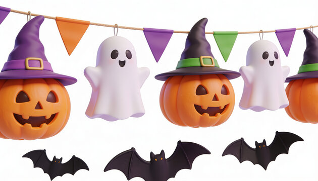 Halloween string light fixture with glowing jack-o'-lantern ghost figures and black bat decorations