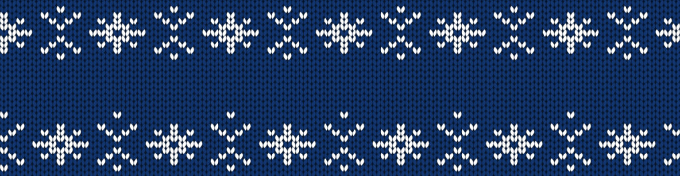 Winter seamless border. White and blue knitted pattern
