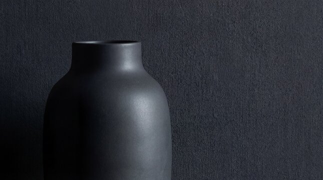 Minimalist Black Matte Ceramic Vase Against a Dark Textured Concrete Background for Modern Home Interior Decoration and Elegant Still Life Art