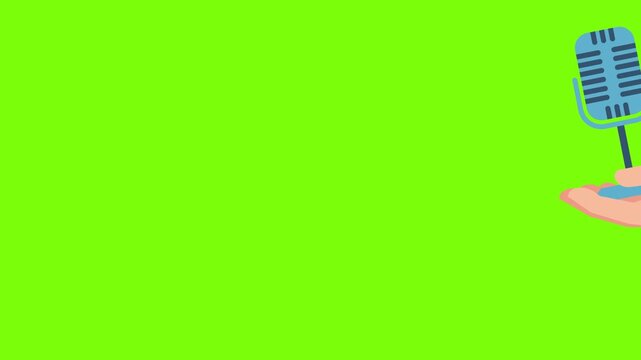 Male hand holding a microphone. Young man singing song holding microphone in hand isolated on green background. Retro style microphone. Broadcasting. 2d flat animation. Alpha channel. Video