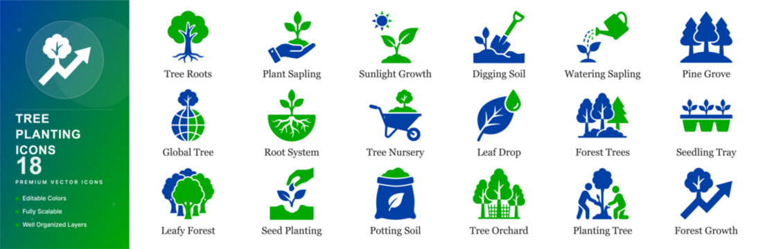 Tree planting icon set sapling reforestation sprout afforestation shovel gardening soil watering nature forest growth conservation eco green botany arbor vector isolated