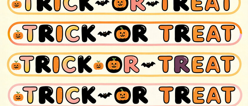 Cute cartoon Halloween text design with the phrase trick or treat, orange pumpkins and bats on a light background in a vector illustration style