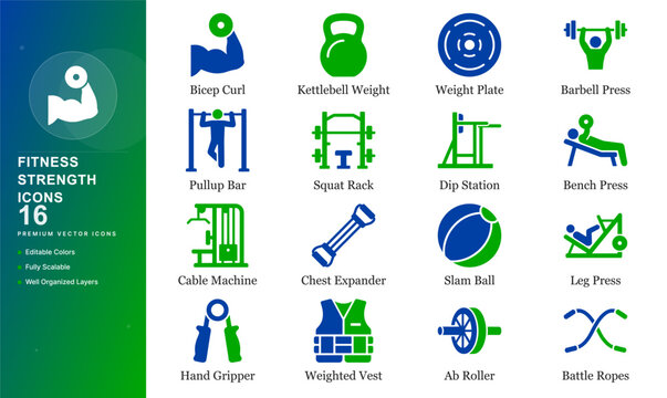 Fitness strength training icon set bodybuilding workout dumbbell barbell kettlebell bench weights powerlifting gym muscles biceps iron athlete lifting heavy vector isolated