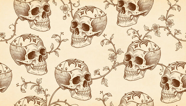 Vintage seamless pattern of decorative human skulls with floral vines and leaves on a beige background in sepia tone.