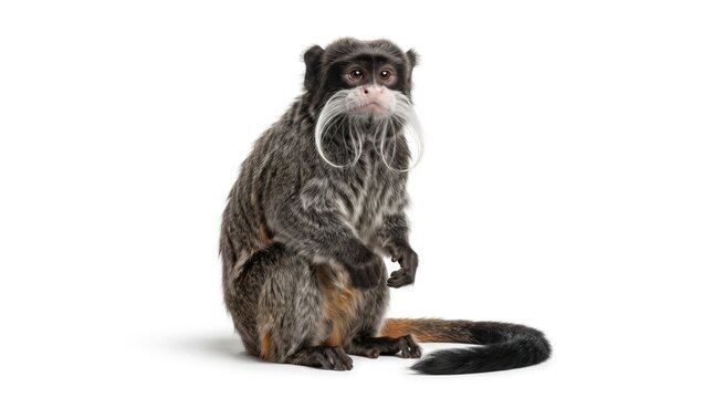 whiskered monkey sitting on white background