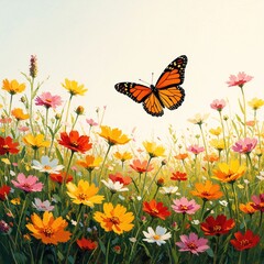 Fototapeta premium Colorful butterfly flies above bright meadow with blooming wildflowers. Orange monarch insect glides over yellow, pink cosmos flowers in spring garden. Sunny nature background with summer flora,