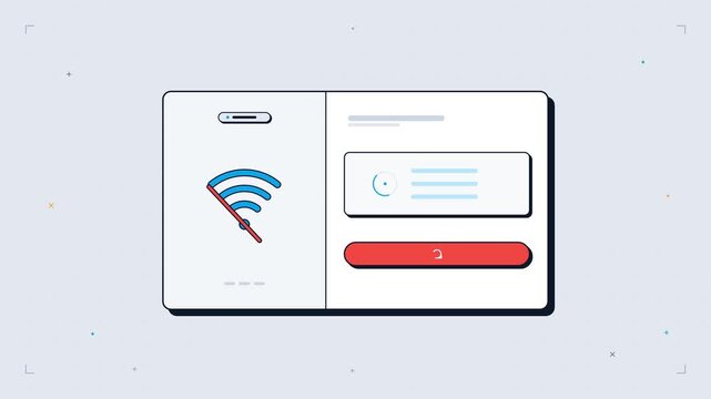 Seamless 4K loop of a horizontal dual-pane network console card with chunky WiFi arcs shaking on disconnect, rotating ring loader, and reconnecting pop.