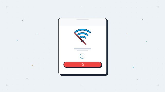 Seamless 4K loop of a flat bold notification card with chunky WiFi icon shaking on disconnect, rotating ring loader, and reconnecting pop.