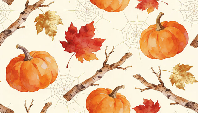 Watercolor illustration of orange pumpkins, red maple leaves, birch branches, and delicate spiderwebs scattered on a white background.
