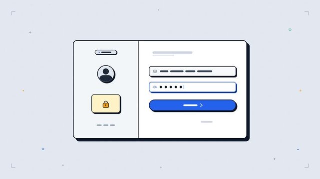 Seamless 4K loop of a wide split-pane web authentication card with animated avatar, stepped password typing, lock icon unlock, and flash lines.