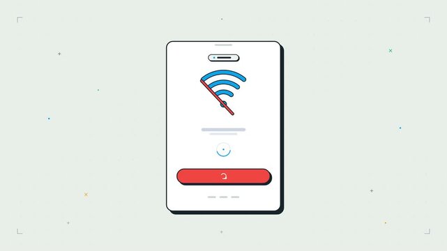 Seamless 4K loop of a vertical mobile UI card with chunky WiFi icon shaking on disconnect, rotating thin ring loader, and reconnecting pop.