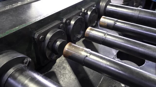 Row of heavy steel extrusion rams and cylinders lined up inside a hydraulic press in a pencil lead factory