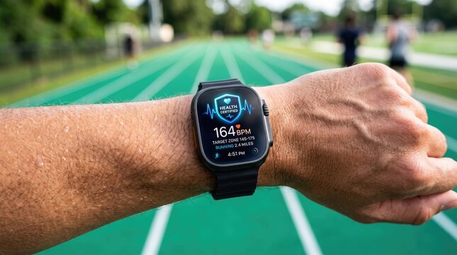Smartwatch on runner wrist displaying heart rate performance metrics during outdoor track training