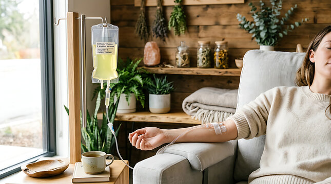 Young woman receiving vitamin IV drip therapy in a cozy wellness clinic for hydration and energy