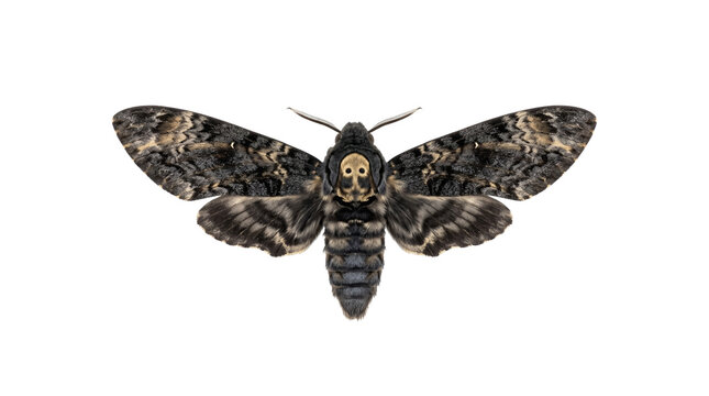 Death's head hawkmoth specimen with skull pattern, gothic skull moth insect, macabre acherontia atropos for halloween design isolated PNG with Transparent Background
