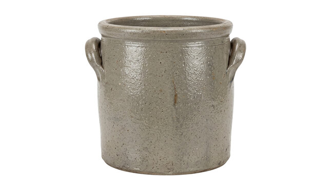 Vintage stoneware crock with handles, antique ceramic pot for rustic kitchen decor, grey earthenware storage jar isolated PNG with Transparent Background