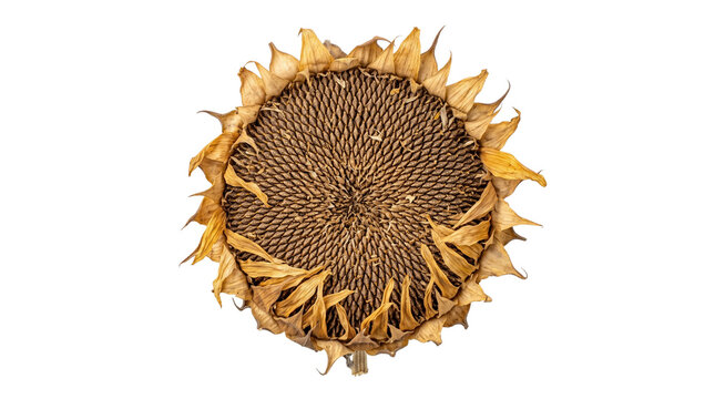 Dried sunflower head with ripe seeds, golden brown withered flower blossom, autumn harvest agricultural detail isolated PNG with Transparent Background