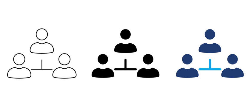 Hierarchical team network icon set featuring outline, solid, and blue duotone variations for organizational charts and corporate management structures.