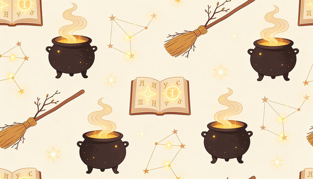 Repeating pattern of black magic cauldrons, brooms, and open books on a beige background with constellations