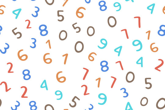 Colorful hand drawn numbers pattern on white background, playful math digit illustration