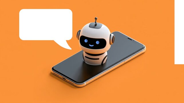 Petit robot chatbot assis sur un smartphone avec une bulle de dialogue vide