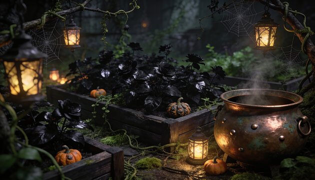Steaming copper cauldron and glowing lanterns in a dark, mystical forest setting with pumpkins