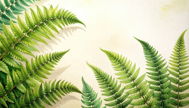 Detailed botanical study of wild green ferns and fiddleheads drawn with fine technical ink on textured cream watercolor paper