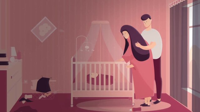 Parents Standing Beside Baby Crib in Nursery, Family and Newborn Care Concept