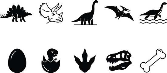 Dinosaur and Prehistoric Creature Silhouette Icon Set featuring Fossil Skull Egg Footprint and Bone Elements © farida