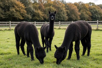 Fototapeta premium Three black alpacas graze on green grass field in rural farm. Two animals eat grass third alpaca looks at camera with funny expression. Fluffy mammals live in outdoor pasture with wooden fence,