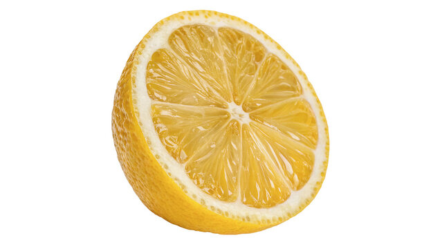 Single fresh juicy half cut slice of sweet yellow lemon isolated on transparent background