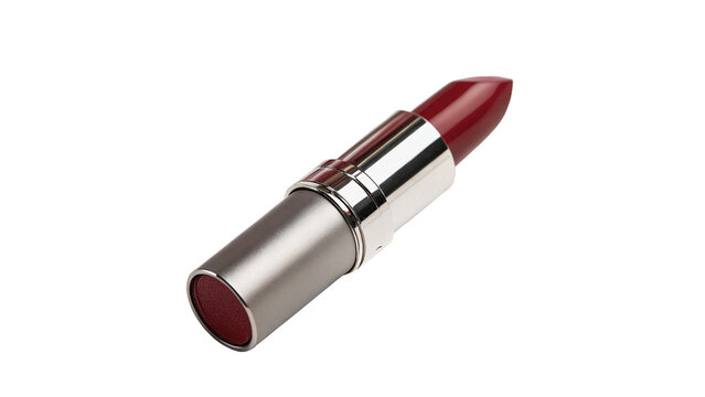 Classic cosmetic red lipstick open silver tube makeup beauty accessory isolated on transparent background