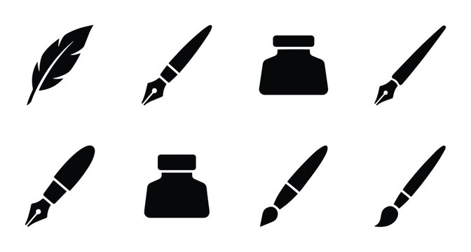 Calligraphy and art icons set with feather quill, ink bottles, fountain pens and paint brushes for writing and design