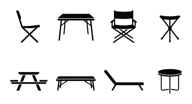 Camping furniture silhouettes set with picnic table, folding chairs and lounge for outdoor recreation