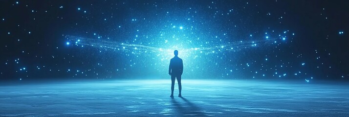 Fototapeta premium A Person Standing Before a Glowing Blue Digital Network Constellation in an Abstract Ethereal Space.