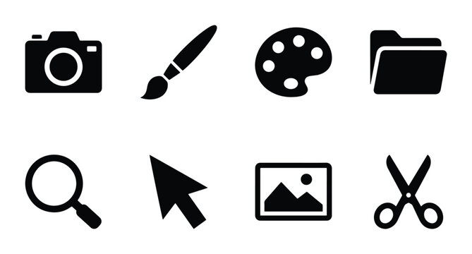 Creative tools icons: camera, brush, palette, folder, search, cursor