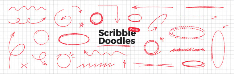 Obraz na płótnie Canvas Scribble doodle set on notebook paper. Hand drawn red pen texture. Curved, twisted and rounded lines and arrows. Highlight ovals and circle frames. Thin rough line. Vector illustration collection