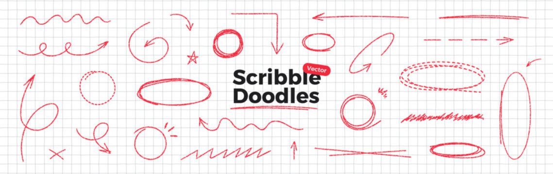 Scribble doodle set on notebook paper. Hand drawn red pen texture. Curved, twisted and rounded lines and arrows. Highlight ovals and circle frames. Thin rough line. Vector illustration collection