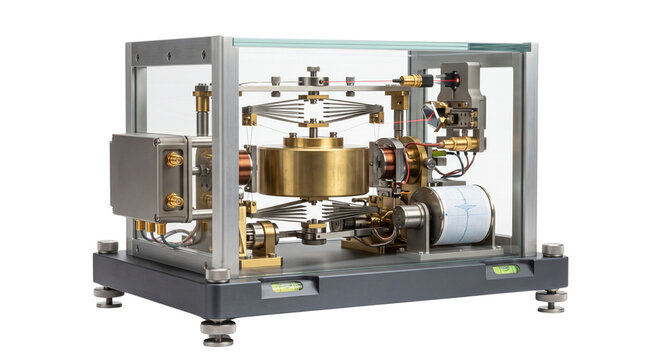Precision scientific instrument with brass pendulum seismograph mechanism, isolated vintage measurement device, physics lab apparatus