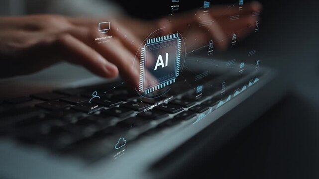 Typing continues at a desk. Documents and cloud knowledge connect through an AI processing hub, bringing indexing, access control and record organization into a shared workspace.