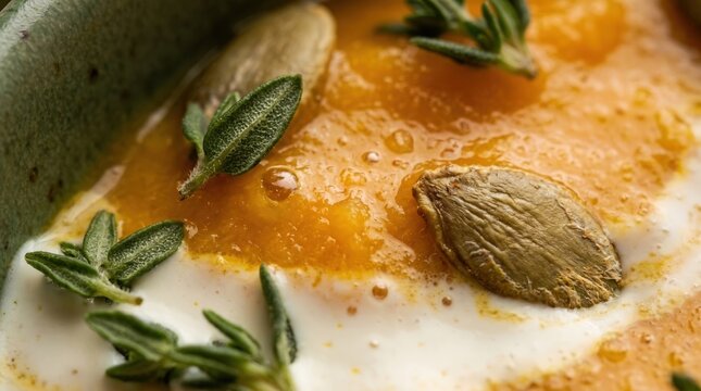 Close up of creamy pumpkin soup with toasted seeds and fresh herbs AI-generated