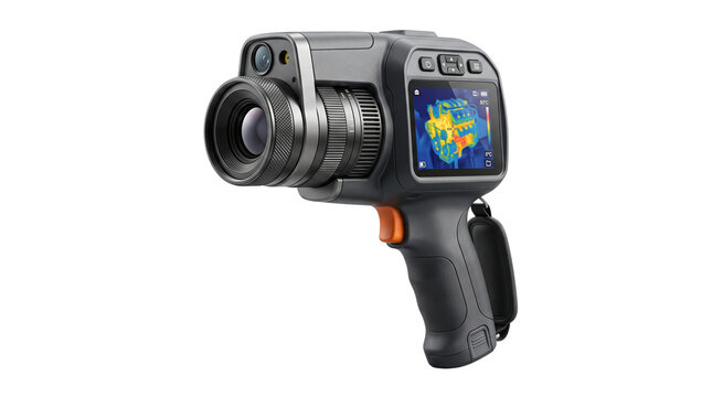 Thermal imaging camera for building inspection, professional infrared thermal imager isolated on white background, heat detection diagnostic device