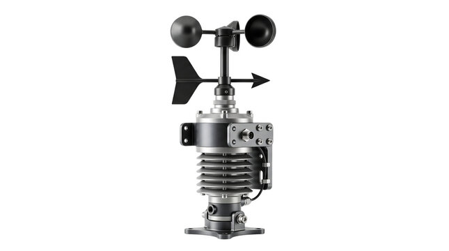 Digital anemometer with wind vane on white background, modern weather station sensor, meteorological equipment for climate monitoring