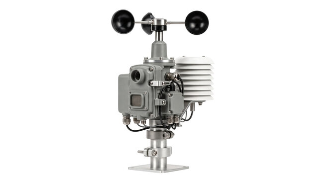 Industrial weather station anemometer isolated on white background, scientific meteorological measuring sensor equipment