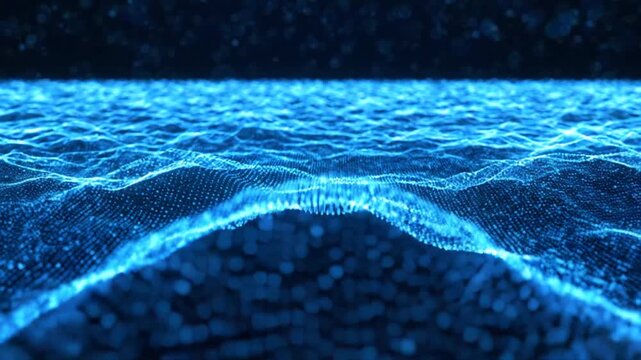 Blue digital particle wave landscape with bokeh background
