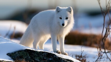 Fototapeta premium A white fox stands alert on a snowy rock in a winter landscape with soft sunlight and blurred background vegetation