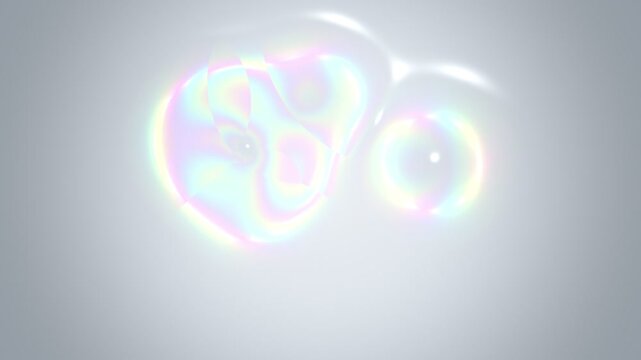 Abstract soap bubble metaballs merging on light background loop. Iridescent liquid soap bubbles morphing with rainbow sheen