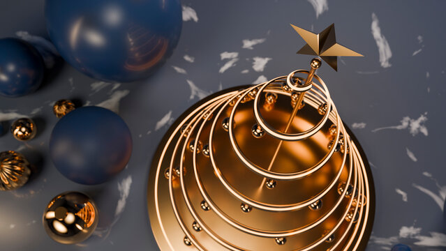 Gold modern christmas tree with star topper and metallic spheres